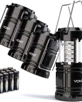 Vont 4 Pack LED Camping Lantern, LED Lanterns, Suitable Survival Kits for Hurricane, Emergency Light for Storm, Outages, Outdoor Portable Lanterns, Black, Collapsible, (Batteries Included)